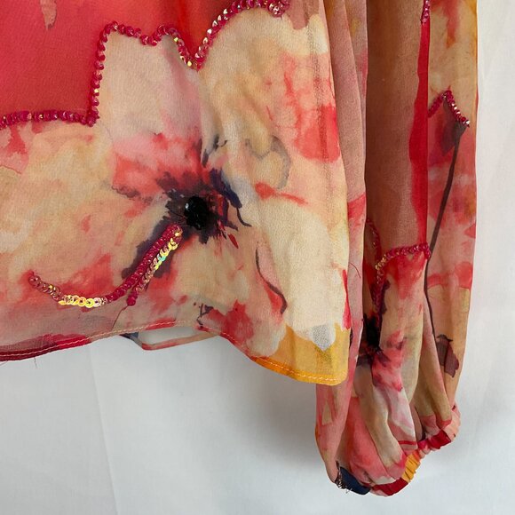Willa Story Blouse Multi Pink XS Floral Sequins Ruffle Trim Long Sleeve New NWT - Picture 6 of 12